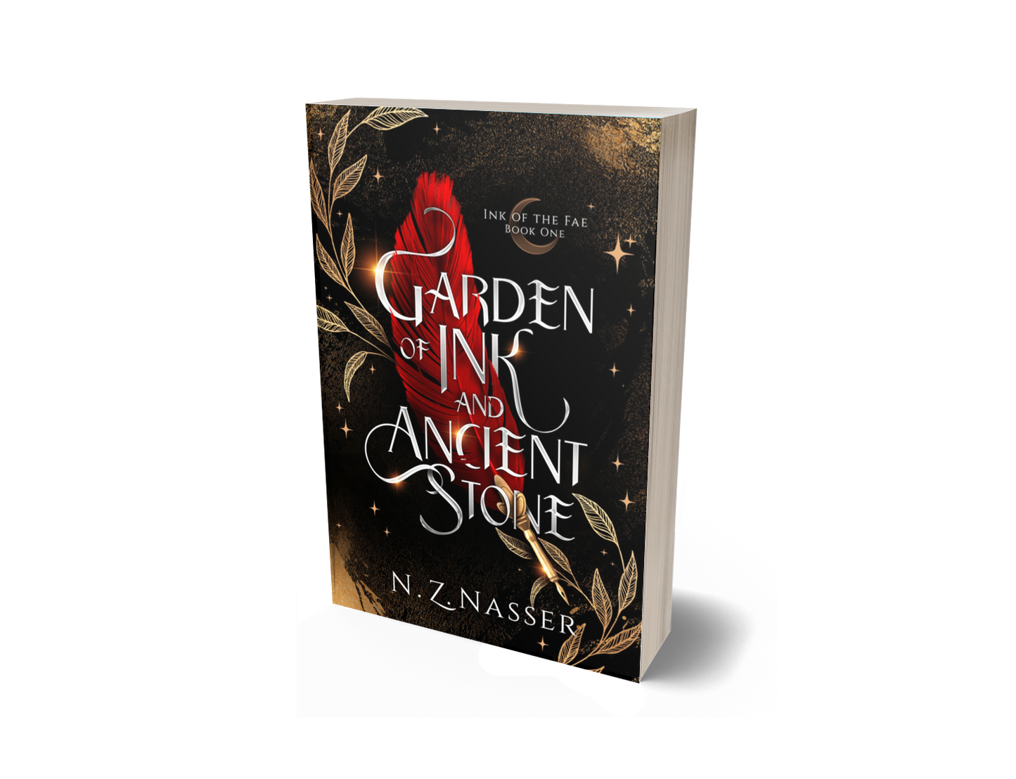 Book cover with a black background, red feather, gold leaf work and the title Garden of Ink and Ancient Stone