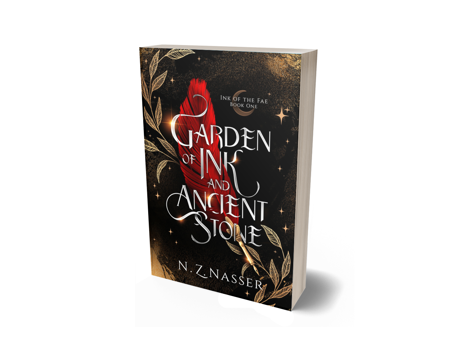 Book cover with a black background, red feather, gold leaf work and the title Garden of Ink and Ancient Stone