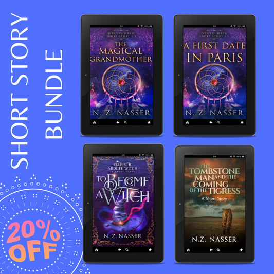 Four tablet screens  on a blue background displaying the titles The Magical Grandmother, A First Date in Paris, To Become A Witch, The Tombstone Man and the Coming of the Tigress